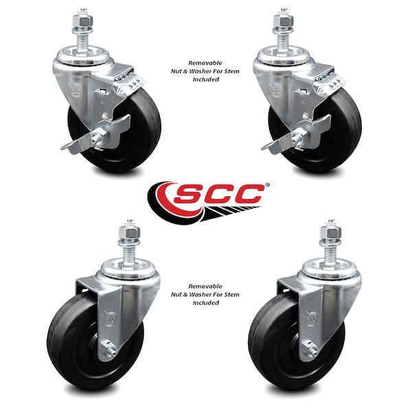 Service Caster 4 Inch Soft Rubber Wheel Swivel 1/2 Inch Threaded Stem Caster Brakes SCC, 2PK SCC-TS20S414-SRS-121315-2-TLB-2 - main